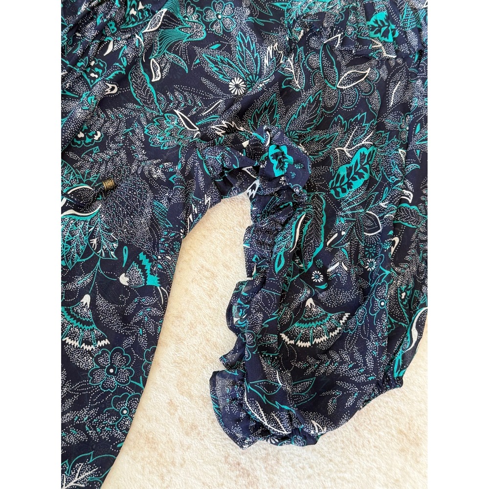 Anthropologie Navy Teal Floral Paisley Lace Up Ruffle Peasant Blouse Small - Picture 5 of 9